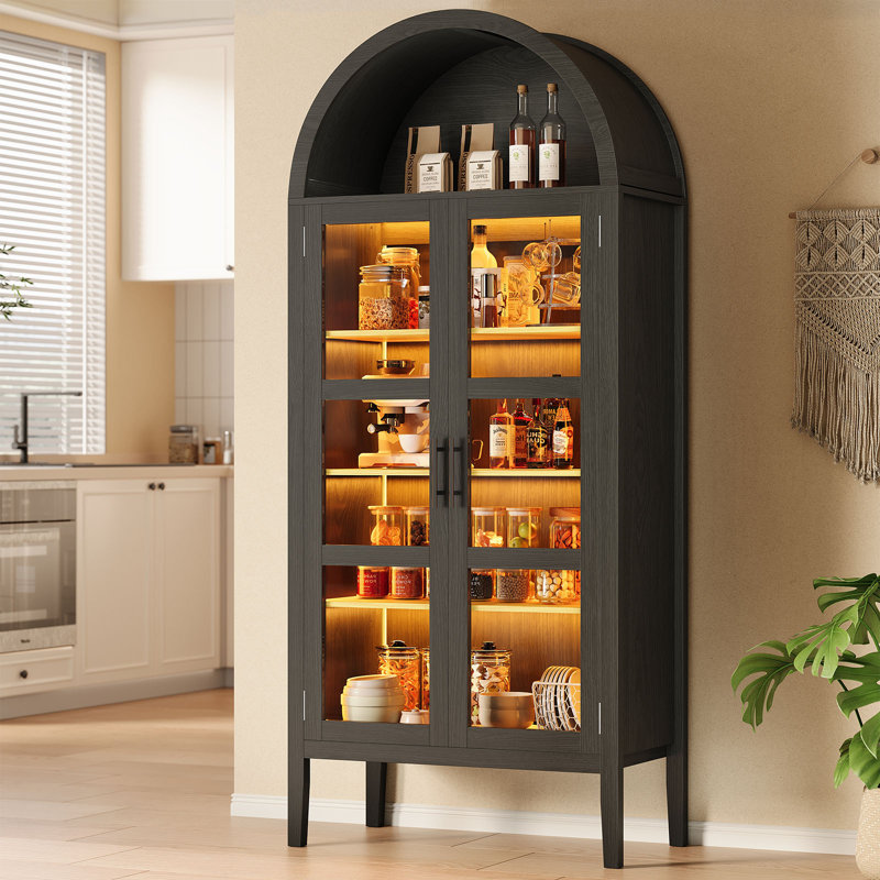 Grand garde-manger arqué de 71 po avec lumières DEL, armoire de rangement de style campagne moderne avec tablettes ouvertes et réglables