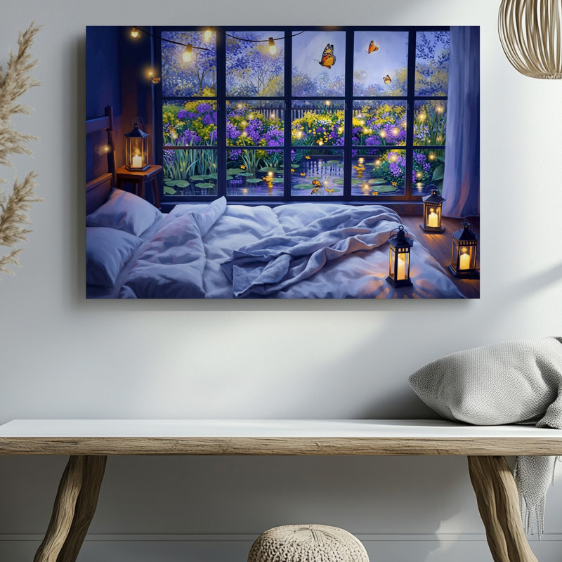 Toile une scène de chambre sereine baignée dans le crépuscule avec un lit douillet avec des draps blancs froissés et un art mural sur toile bleu pâle