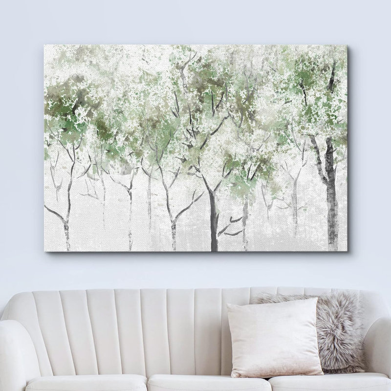 Abstract Forest " Rustic Pastel Green Spring Forest Tree ", 32" H x 48" W x 1.5" D, Wrapped Canvas