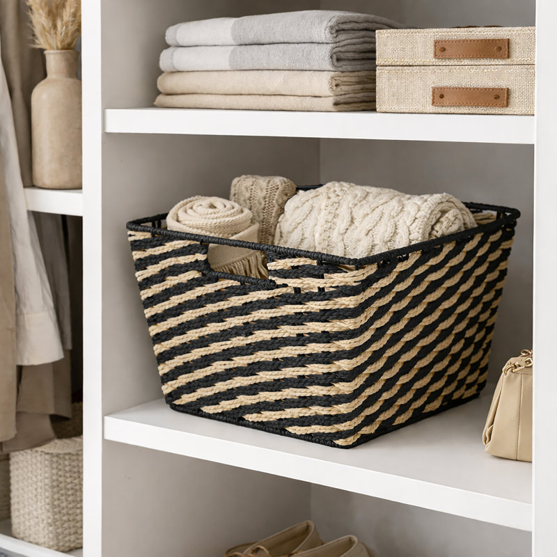  Medium Striped Woven Basket In Black, 10" H x 12.9" W x 14.9" D, Black