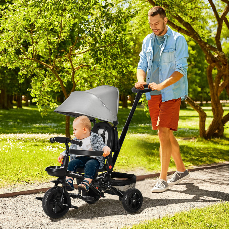 Tricycle pour bébé 4 en 1 tringle avec siège réglable à angle réversible, poignée amovible, garde-corps, ceinture, repose-pieds, embrayage de frein pour 1-5 ans, gris
