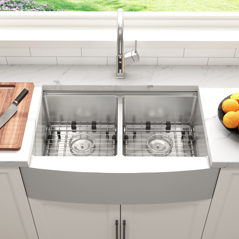 Évier de cuisine à tablier avant double cuve Blenzia 36 po, acier inoxydable calibre 16, 36 po x 21 po x 10 po