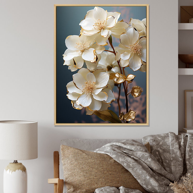 Hortensia baroque blanc et or II - hydrangées, art mural, Cadre flottant en érable, H 20 po x l 12 po x P 1 po