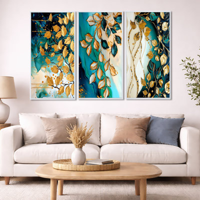Emerald Embrace of Golden Leaves - Leaves, art mural 3 pièces
