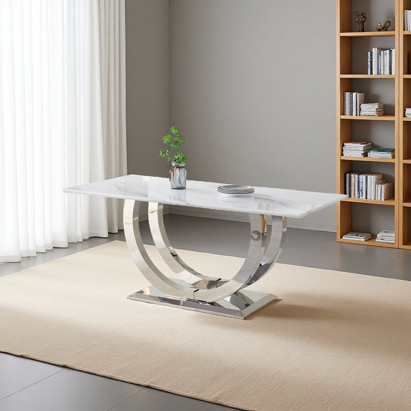 Table de salle à manger rectangulaire de 69,30 pouces, moderne simple, plateau de table en marbre, plateau de table en panneau de fibres à densité moyenne, surface de miroir en acier inoxydable de couleur argent, pouvant accueillir 4 à 6 personnes, motif de marbre, miroir