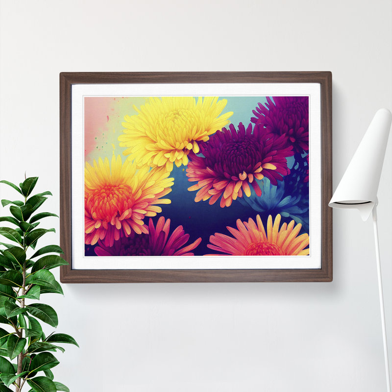 Majestic Chrysanthemum Flowers 1 Piece Single Picture Frame Painting, 25cm H x 34cm W x 2cm D, Walnut