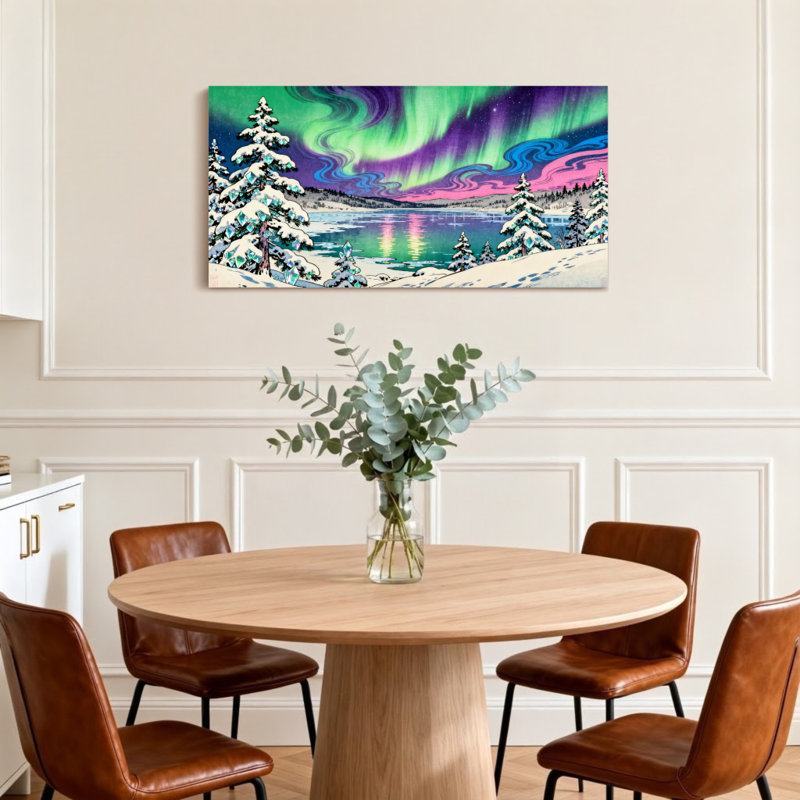 Paysage, nature, aurores boréales, paysage d'hiver, neige, arbres, aurore, ciel, réflexion, eau, H 16 po x l 32 po