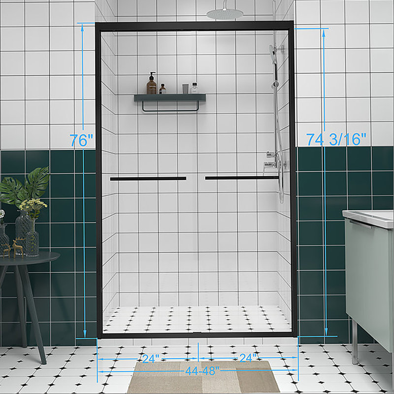 44-48"x76" Aluminum Frame Double Sliding Shower Door,Bypass Bathroom Sliding Door with Premium 1/4" (6mm) Clear Tempered Glass, Black Hardware Sliding Glass Shower Enclosure,Matte Black Finished