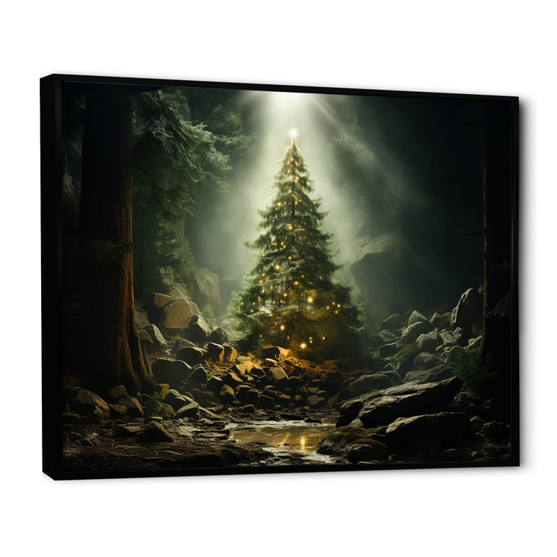 Arbre de Noël vert magique - décoration murale paysage d'hiver, Cadre flottant noir, H 34 po x l 44 po x P 1,5 po