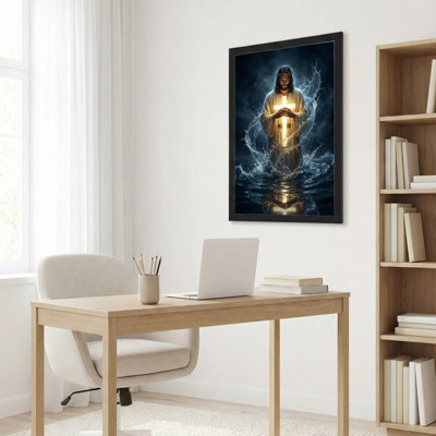 «Jesus Christ with Glowing Cross In Water», reproduction d'art sur toile tendue par des croyants, peinture à l'huile (ensemble de 1)