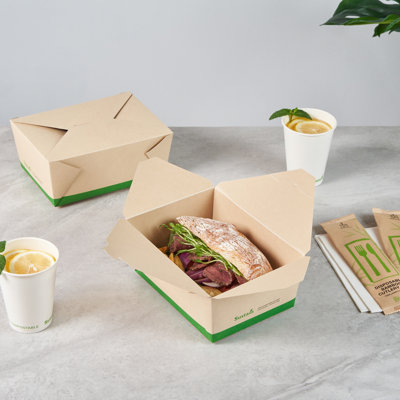 Restaurantware-Sustain 98 Ounce Sturdy Paper Take Out Boxes, 200 Disposable Take Out Food Containers - With PLA lining, Compostable, Bamboo Paper Containers, Built-In Tab-Lock Cover, Greaseproof