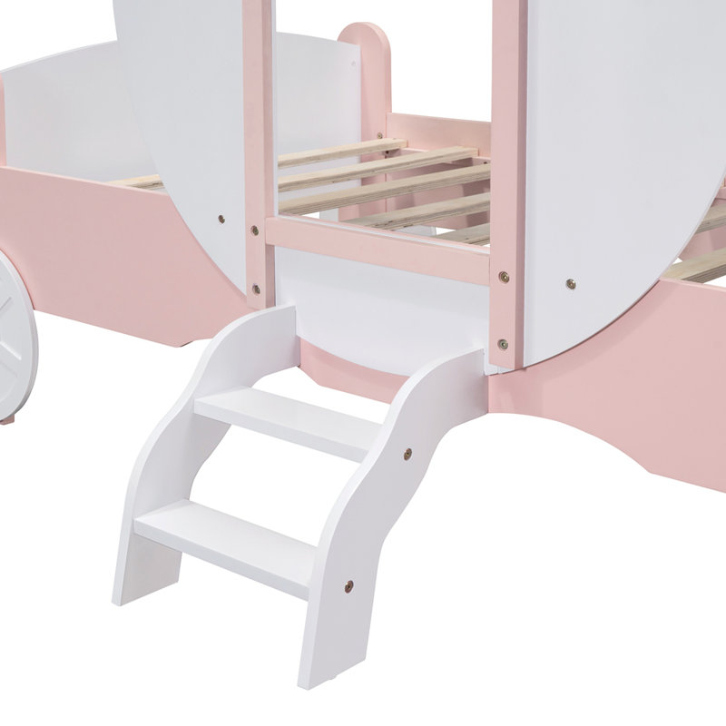 Lit voiture simple avec couronne et lit plateforme en bois avec escalier, Rose blanc