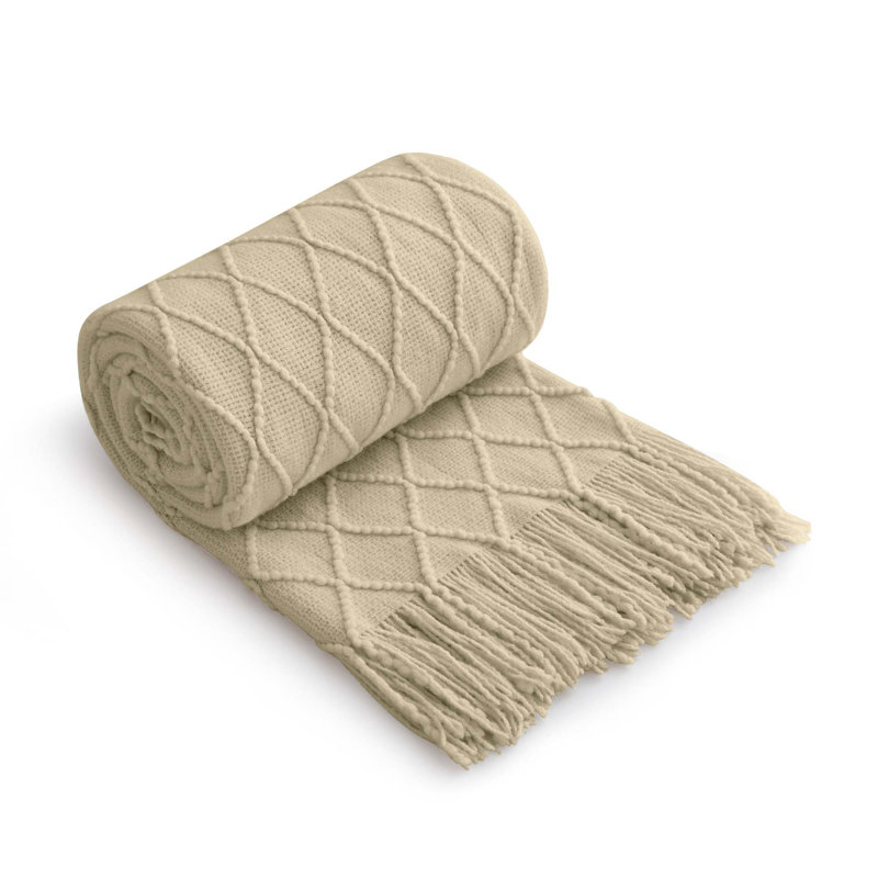 Beige Diamond Knit Machine Washable Throw Blanket