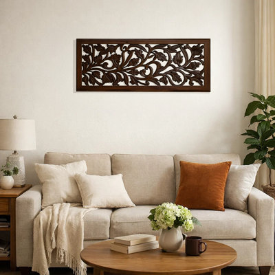 Décoration murale panneau de bois de manguier avec motif de feuilles et de volutes