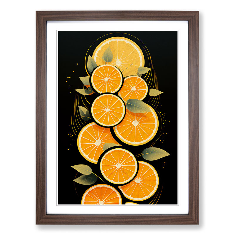 Sliced Orange Art Deco - Single Picture Frame Print on Wood, 64cm H x 46cm W x 2cm D, Walnut Framed