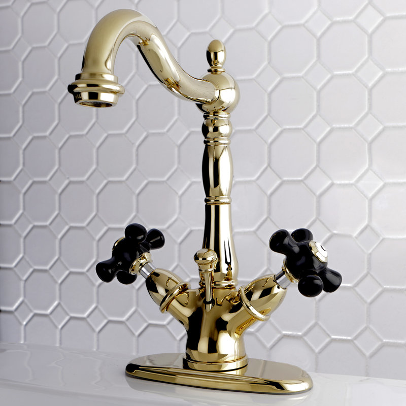 Kingston Brass Duchess Two-Handle 1-or-3 Hole Deck Mount Bathroom Faucet with Brass Pop-Up, Polished Brass