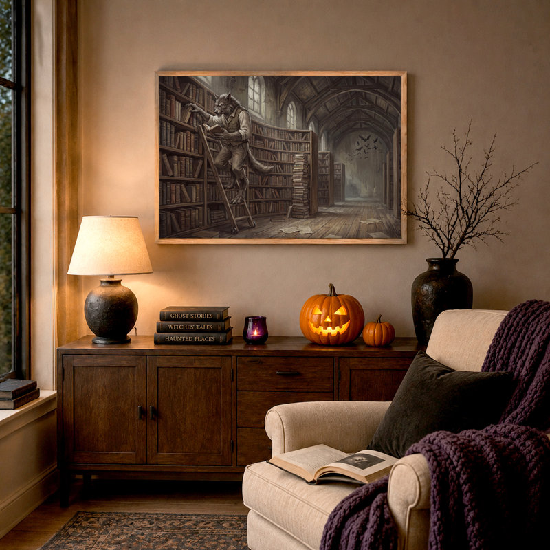 Loup, bibliothèque, lecture, bibliothèque, art mural d'Halloween, H 32 po x l 48 po