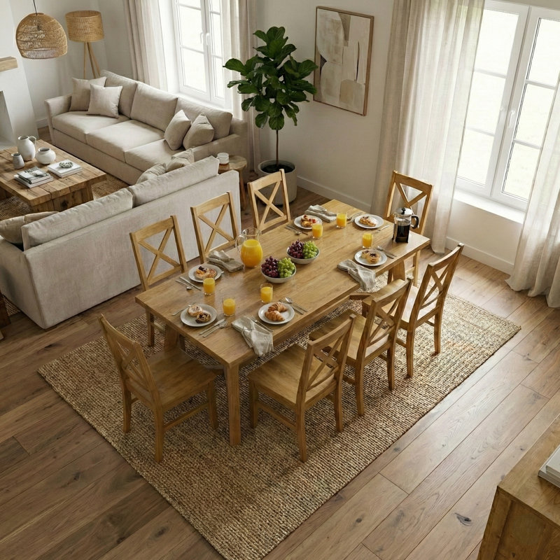 Oaklyn Modern Rectangular Dining Table Set, 9 Pieces: Table, 8 Chairs, Light Yellow Wood