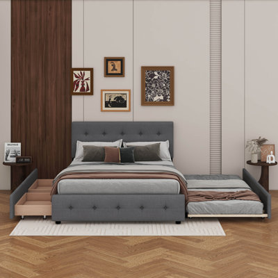 Queen Size Upholstered Platform Bed With 2 Drawers And Trundle