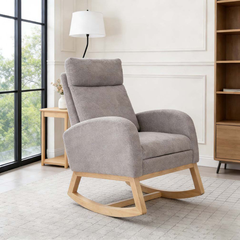 Chaise berçante en tissu Teddy, Gris pâle + repose-pieds