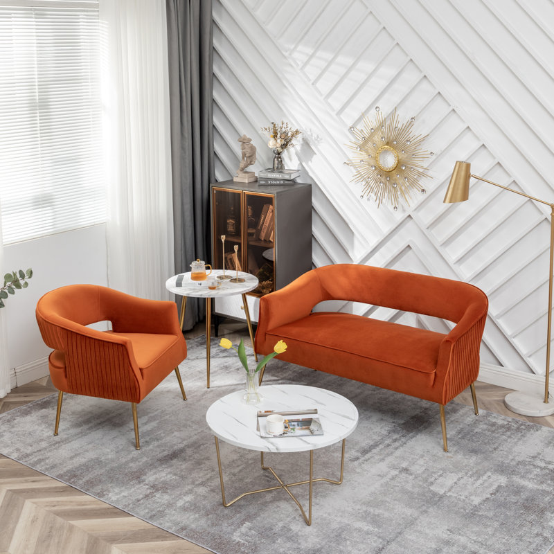 Ensemble de salon en velours 2 pièces Chynna, Velours orange