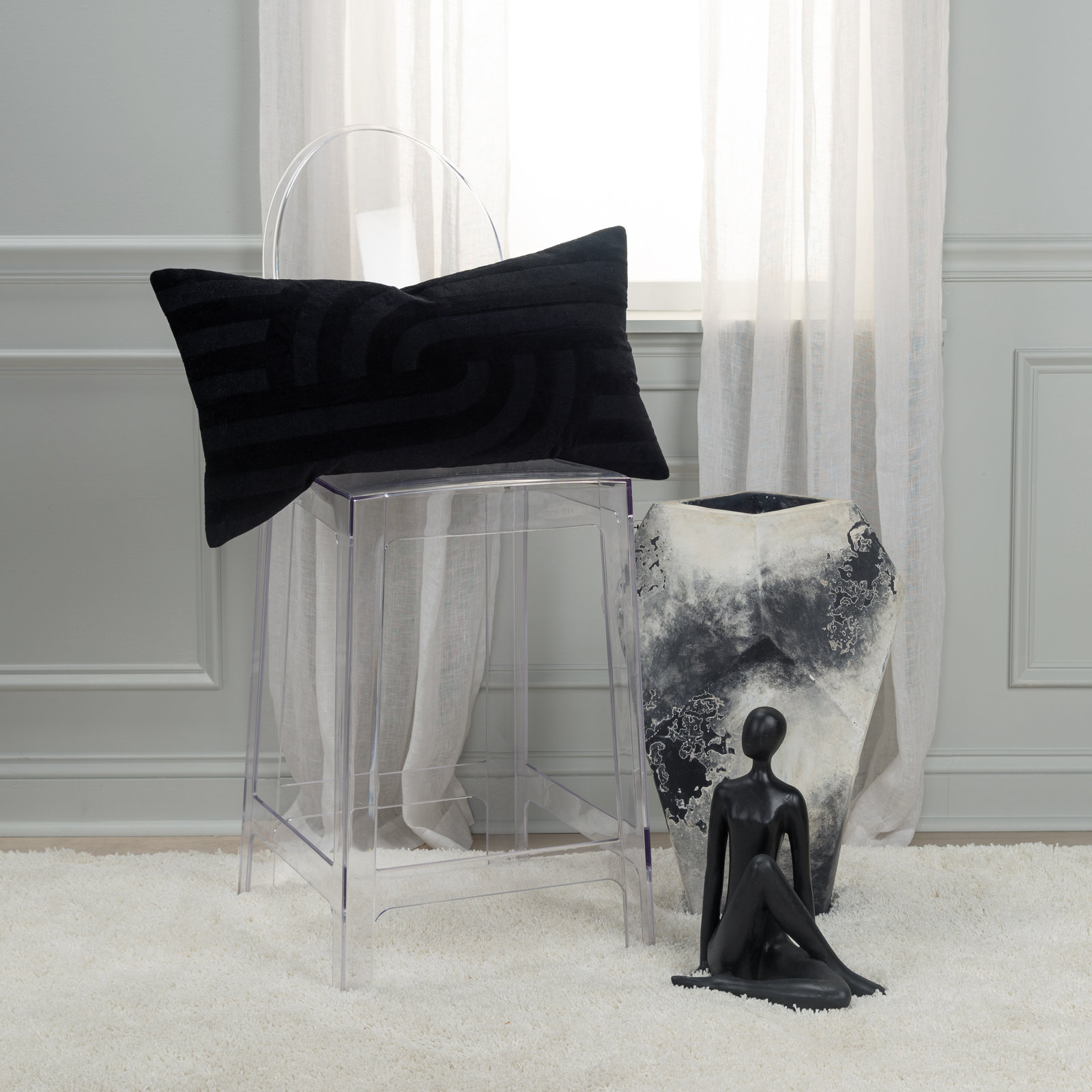 Embroidered Cotton Lumbar Throw Pillow, Black