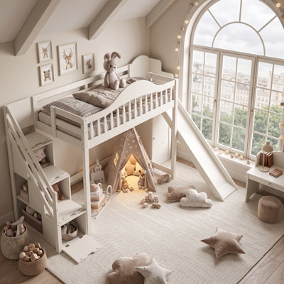 Benedict Kids Loft Bed with Storage Stairs, Slide and Built-in Wardrobe for Playful Bedrooms