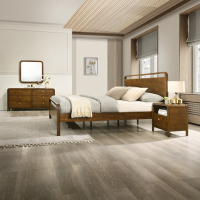 Ensemble de chambre à coucher en bois Ellum, lit plateforme très grand avec commode, miroir, table de chevet, commode au fini noyer