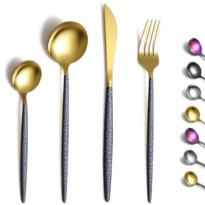 Cutlery Set 24 Pieces With Moon Surface Black Handle And Shiny Gold Mouth Titanium Coating Stainless Steel Modern Cutlery Set Utensils Set,Dishwasher Safe, Service For 6