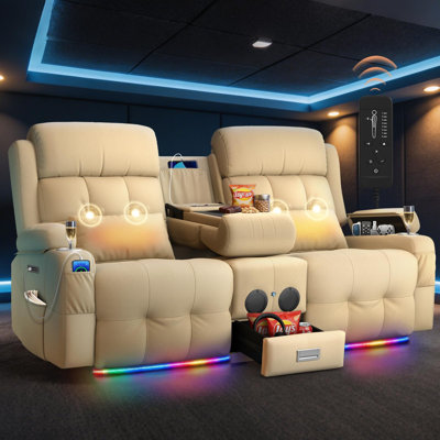 Wall Hugger Power Reclining Loveseat Sofa with Console, Fabric with Pebbled Texture RV Recliner,Home Theater Seatingwith Heating & Massage, Bluetooth Speaker, LED Light, USB & Type-C Ports, Storage Armrests