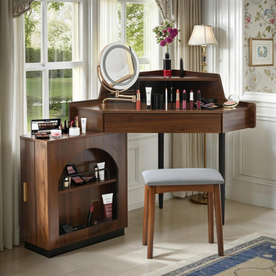 55.9" Corner Vanity Desk with Tri-Fold LED Mirror, Adjustable Lighting Dressing Table with Storage Shelf & PU Stool