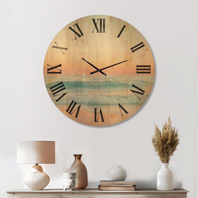 Horloge murale océan en bois - doux coucher de soleil côtier, Medium