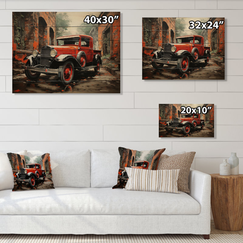 Camionnette rouge rétro Hauler III sur bois, H 24 po x l 32 po x P 0,78 po