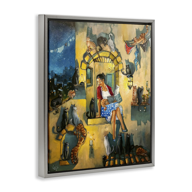 «Window Window with Cats Floater», art mural sur toile par Ronald West, Cadre flottant gris lustré, H 31 po x l 25 po