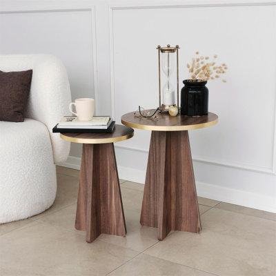 Modern Coffee Table Set (2 Pieces), Gold & Walnut, 15.7 x 19.7 x 15.7 inches & 11.8 x 17.7 x 11.8 inches | 100% Melamine Coated Chipboard, Thickness: 0.7 inches | PVC Edge Bands, Stylish & Functional for Contemporary Living Rooms