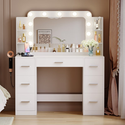 Modern Makeup Vanity With 7 Spacious Drawers, 3-zone Desktop Storage, Hair Dryer Rack, 4 Shelves, Led Mirror And Power Outlet