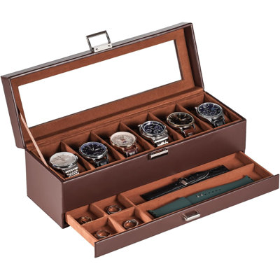 Watch Case 6 Slot Watch Display Case With Clear Glass Lid 2Layer Watch Box Watch Holder 6 Watch Box Organizer Watch Storage Case With Drawer Esp