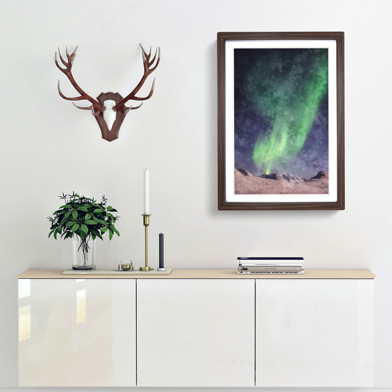 Northern Lights Aurora Borealis Abstract - Picture Frame Painting Print, 87cm H x 62cm W x 2cm D, Walnut Framed