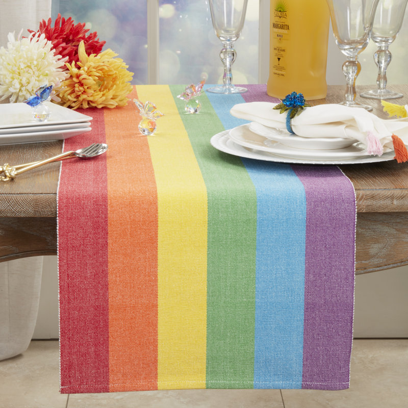 Rainbow Stripe Multicolored Cotton Table Runner, 16"x72"