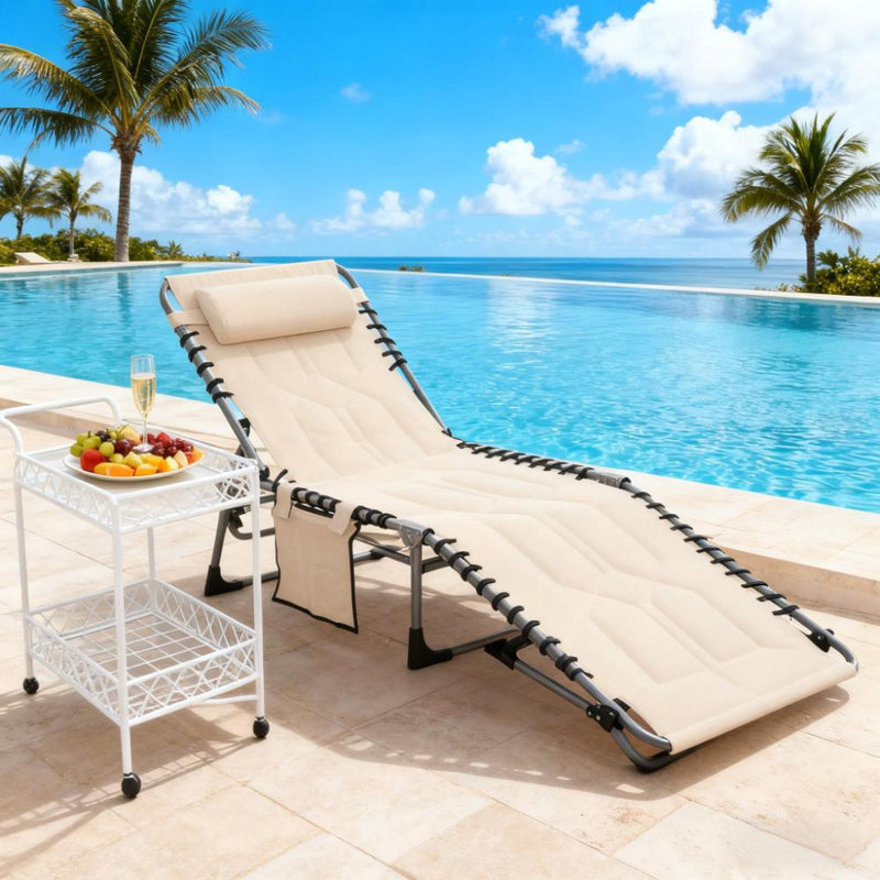 Outdoor Reclining Camping Tanning Chair, Padded Folding Chaise Lounge Chair