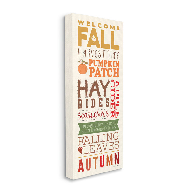 «Welcome Fall Harvest Time Seasonal Word» par Stephanie Workman Marrott - reproduction d'art textuel, Toile tendue