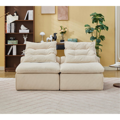 [Vidéo fournie] Canapé modulaire, sans accoudoirs, à volonté, tissu en velours côtelé doux, canapé-lit à dossier coussiné, coin lecture ou appartement, coussin lombaire, 2 sièges, rembourré, beige