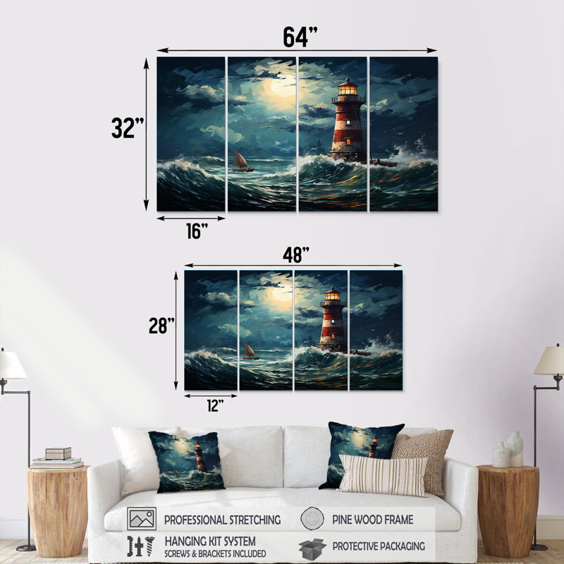 Phare de la mer orageuse I - Phares, art mural 4 pièces, H 28 po x l 48 po