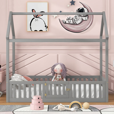 Grey Twin Wood House Bed with Roof, Fence & Door, Solid Pine Construction, Imaginative Play Space