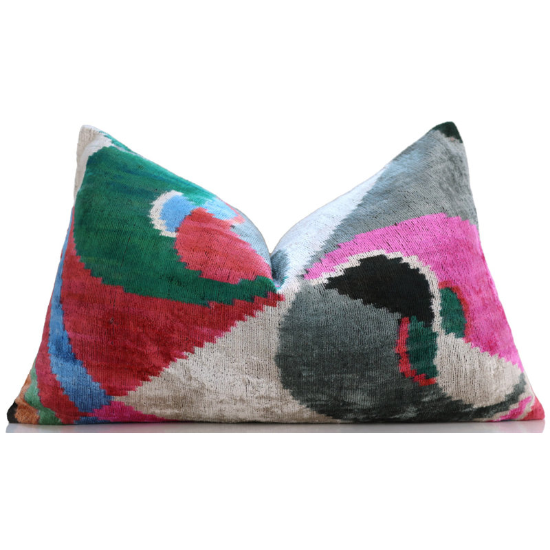 Coussin abstrait en velours de soie multicolore - fait à la main 16 po x 24 po