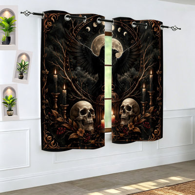 2 pièces rideaux occultant crâne corbeau gothique, rideaux de fenêtre esthétiques foncés, panneaux de décoration murale fantaisie lune céleste pour chambre à coucher, salon, maison