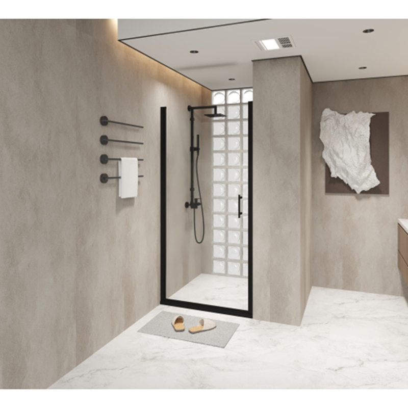 Porte de douche pivotante 34 po x 72 po - Cadre en aluminium noir mat, demi-cadre, verre trempé de 1/4 po avec film antidéflagrant