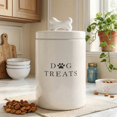 Large Rustic Ceramic Dog Treat Storage Jar, Airtight with Lid, White, for Kitchen Counter