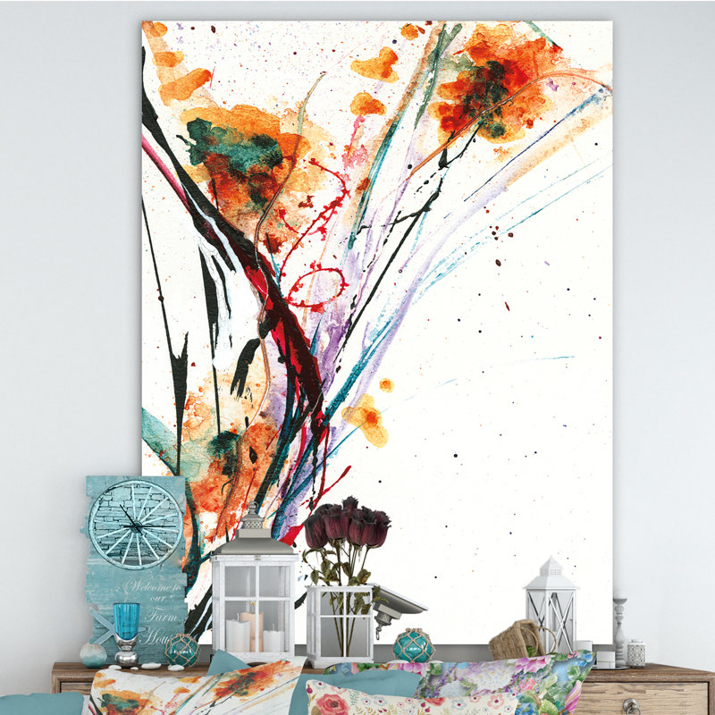 Fleurs abstraites orange - reproduction d'art sur toile tendue, H 40 po x l 30 po x 1,5 po