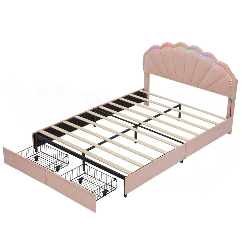 Structure de lit double pleine grandeur à DEL intelligente avec 2 tiroirs de rangement et tête de lit à deux pétales chic, lit plateforme avec lumière DEL intelligente pour les filles, aucun sommier nécessaire, rose